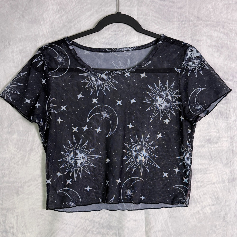 Mesh Celestial Crop Top sz S / M Moon Sun Stars Festival Rave See Through y2k‎